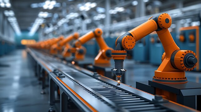 A modern factory with robotic arms, working on an assembly line to build the latest technology products