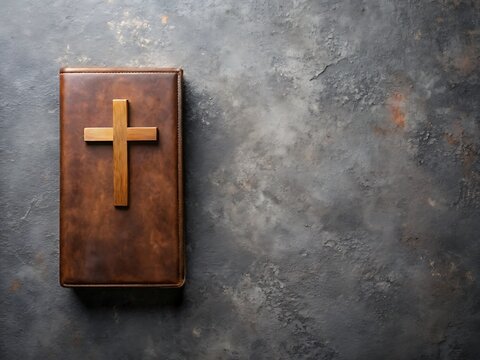 Bible and Cross on Grey Background.