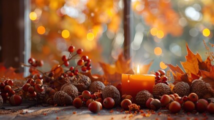 Sticker - A warm and cozy autumn table decor with candles, acorns, berries, and leaves, creating a festive and inviting atmosphere.