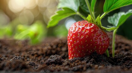 Canvas Print - Close-up of a vibrant, red strawberry nestled in rich garden soil with lush green leaves, symbolizing freshness and organic growth.