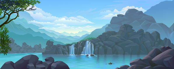 Wall Mural - Beautiful scenery of waterfall and rock formations.