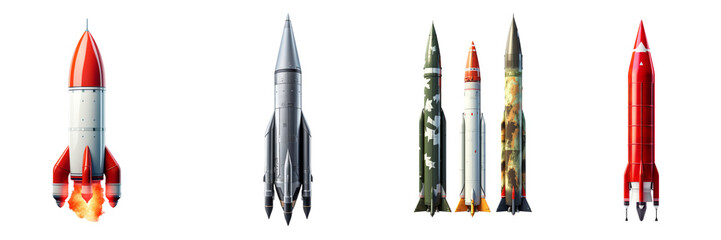 Collection of missile rockets isolated on transparent or white background