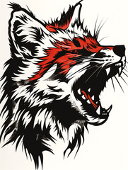 Wall Mural - A red and white cat with a red stripe on its face is roaring