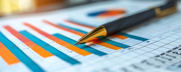 Close-up of a pen on financial graphs and charts with colorful bars and data, representing business analysis, statistics, and financial planning.