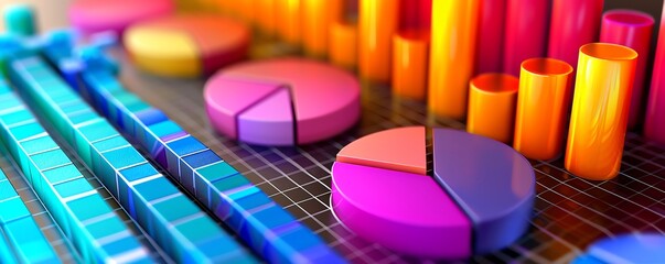 Colorful 3D bar and pie charts on a grid background, representing data visualization, statistics, and business analytics.