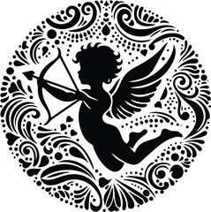 cupid in silhouete with bohemian nature pattern illustration