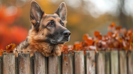 Wall Mural - a german shephard dog looking over a fence