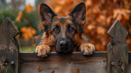 Wall Mural - a german shephard dog looking over a fence