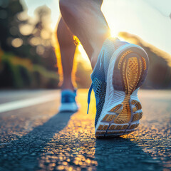 Wall Mural - close up Runner feet running on road