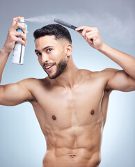 Sticker - Hair care, comb and man in studio with spray for grooming, hairstyle or morning routine on white background. Body, product and hand of model for satisfaction, scalp wellness or shampoo treatment