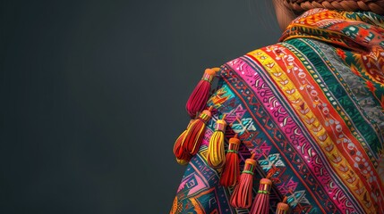 Wall Mural - Close-up of a woman in traditional Peruvian attire, vibrant textiles, 3D rendering, space for text at the bottom,