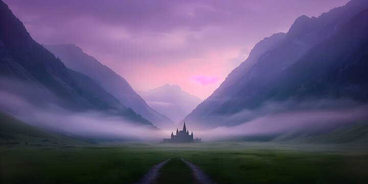 Spooky story setting Gothic castle in dark valley in mountainous region. Concept Spooky Story, Gothic Castle, Dark Valley, Mountainous Region, Supernatural Events