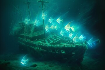Wall Mural - A ghostly shipwreck at the bottom of the ocean, surrounded by curious, glowing fish