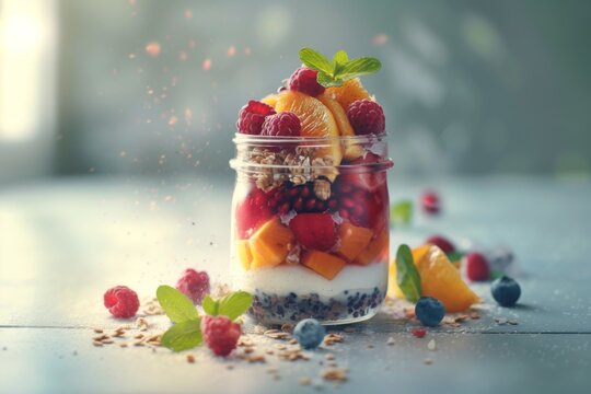 Rustic Fruit Parfait in a Jar, Vibrant Colors, Food Blogger Instagram Posts, Wallpaper, banner design, brochure, web, advertising, illustration, concept of healthy life style