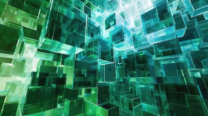 Wall Mural - Abstract cube network representing AI and machine learning, Sci-fi, Blue and green hues, Digital art