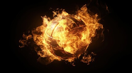 3D illustration of a fiery volleyball with realistic texture on a black background. High-resolution digital artwork showcasing a volleyball engulfed in flames, representing energy, sport