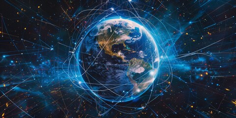 Aufkleber - A globe with brilliant lines tracing the paths of satellites, symbolizing the brilliance of global communication networks and the reach of satellite technology