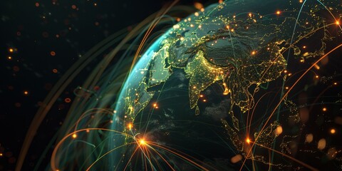 Aufkleber - A stunning globe with lines of light crisscrossing its surface, depicting the brilliance of global trade routes and the intricate web of international commerce