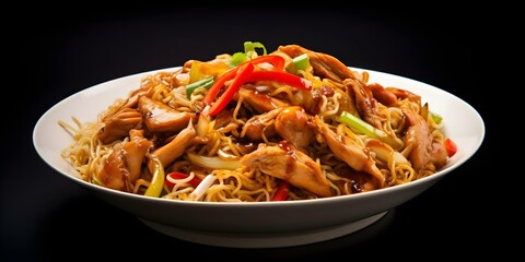 Wall Mural - Delicious Chicken Yakisoba on White Background Professional Photo with Copy Space and Selective Focus. Concept Food Photography, Professional Lighting, Styling Techniques, Copy Space, Selective Focus