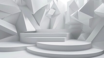 Realistic 3D podium, abstract geometric wall, Minimalist, Digital, Clean whites and greys, promotion display