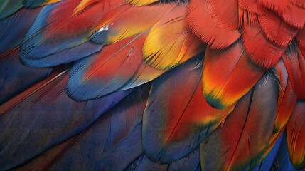 Wall Mural - Parrot feather texture, vibrant red, blue, and yellow hues, detailed and colorful, Photorealistic