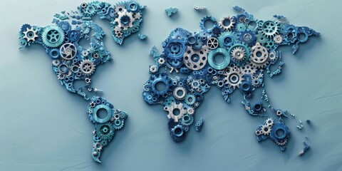 Wall Mural - A world map made of interconnected gears, representing the complex machinery of global trade and economies