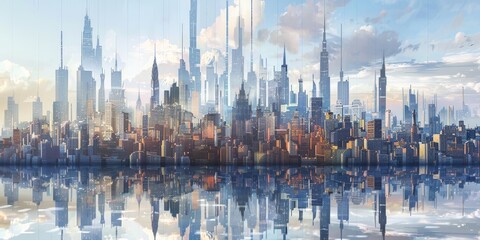 Poster - City skylines from major international cities blended together, showcasing urbanization and the influence of globalization on cityscapes