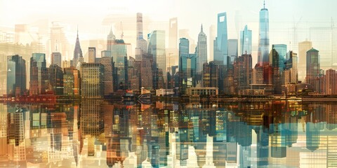 Poster - City skylines from major international cities blended together, showcasing urbanization and the influence of globalization on cityscapes