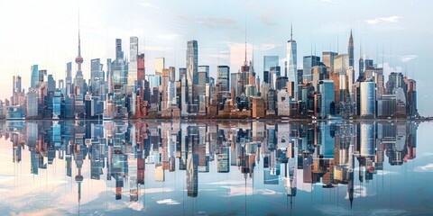 Poster - City skylines from major international cities blended together, showcasing urbanization and the influence of globalization on cityscapes