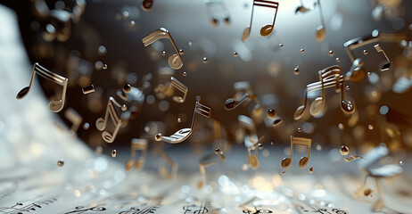 Aufkleber - Musical notes fly out one by one from a standing sheet of music. Generative AI.