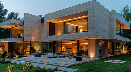 Poster - A modern travertine villa in the middle of modern green garden and lawn, evening time. Generative AI.