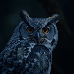 Poster - AI generated illustration of a close-up of a mysterious owl at night