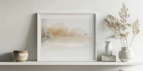 Aufkleber - White frame display on a floating shelf, showcasing a delicate watercolor painting, adding subtle elegance to the room