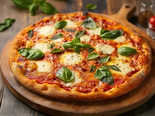 Wall Mural - A delicious Margherita pizza with fresh basil leaves served on a wooden board.