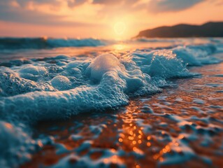 Wall Mural - close-up of ocean waves with bubbles at sunset on a sandy beach.