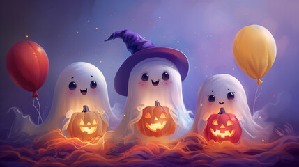 Wall Mural - Adorable Halloween ghosts holding pumkins and balloons, creating a festive and whimsical scene.