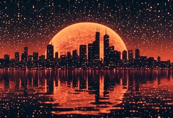 Wall Mural - AI generated illustration of a futuristic city skyline at sunset with reflections on the water