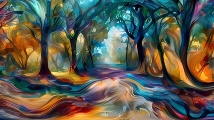 AI generated illustration of an abstract painting of a colorful forest with vivid swirls