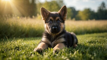 A cute German Shepherd puppy laying on grass in a sunny field with sun in the background.