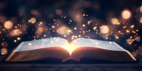 Wall Mural - Illuminated Bible and Christian book open with glowing lights. Concept Christianity, Religious Books, Illuminated Bible, Glowing Lights, Spiritual Reading