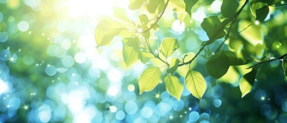 Wall Mural - Blurred bokeh background of fresh green spring, summer foliage of tree leaves with blue sky and sun flare