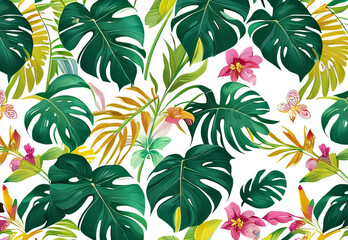 Repeating pattern of colorful flowers and leaves.