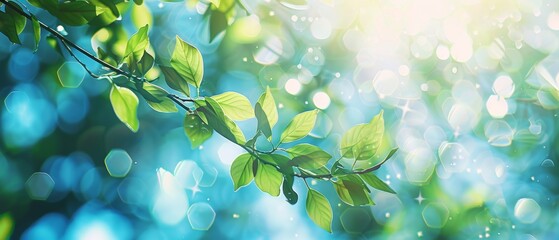 Blurred bokeh background of fresh green spring, summer foliage of tree leaves with blue sky and sun flare