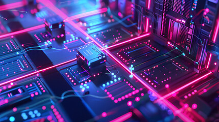Neon pink and blue abstract circuit board with copy space text for design, technology, and futuristic