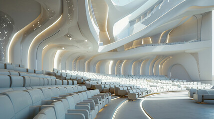 White modern auditorium interior with curved walls and seats with copy space text for design, architecture, and event