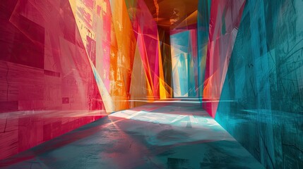 Wall Mural - an abstract path on the left hand side of frame with abstract shapes and geometric innovation coming off from it. It is at night 