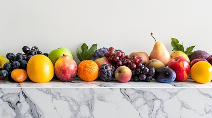 Wall Mural - A vibrant collection of harvested fruits on the left side of a marble countertop, isolated on a white background, no people present, highly detailed and captured with ultra-sharp clarity