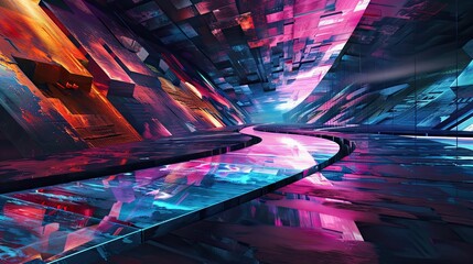 Wall Mural - an abstract path on the left hand side of frame with abstract shapes and geometric innovation coming off from it. It is at night 