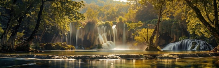 Wall Mural - Tranquil Waterfall Scene in a Lush Forest During Golden Hour