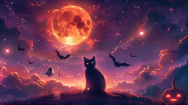 A mystical Halloween scene featuring a cat with glowing eyes, pumkin, a full moon, bats, and a colorful sky.